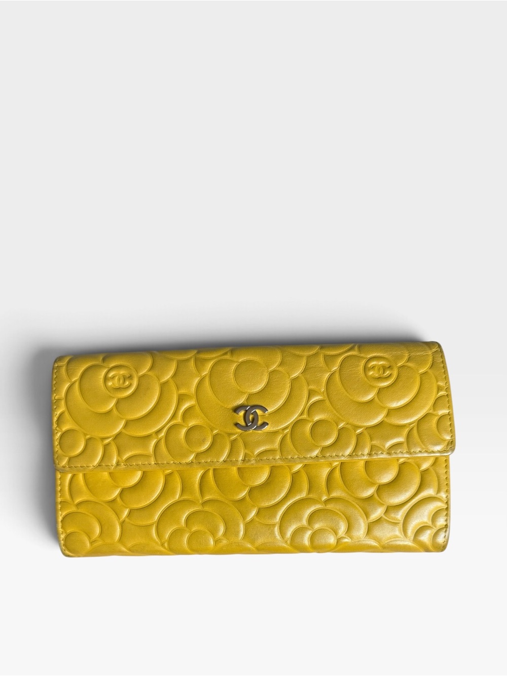CHANEL Yellow Camellia Quilted Leather Long Wallet with CC Emblem